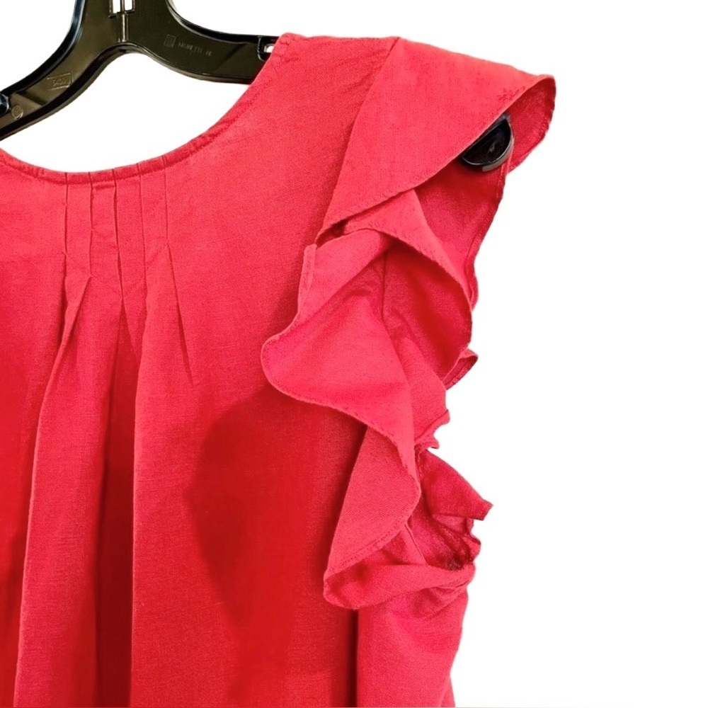 The Great Flutter Tulip Dress Red Linen Blend Ruffle Sleeve Midi Pockets L - Picture 8 of 10